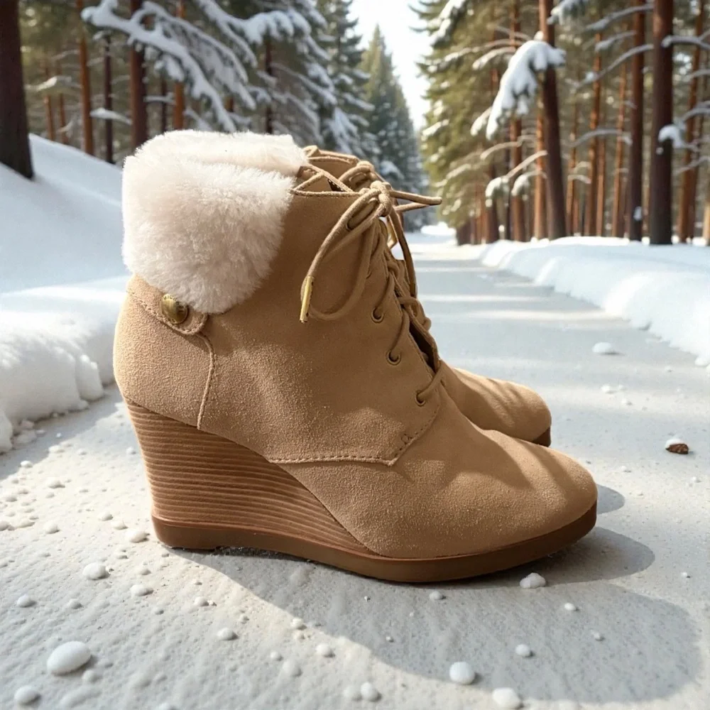 Michael Kors Carrigan Shearling Tan Suede Leather Women's Wedge Ankle Boots